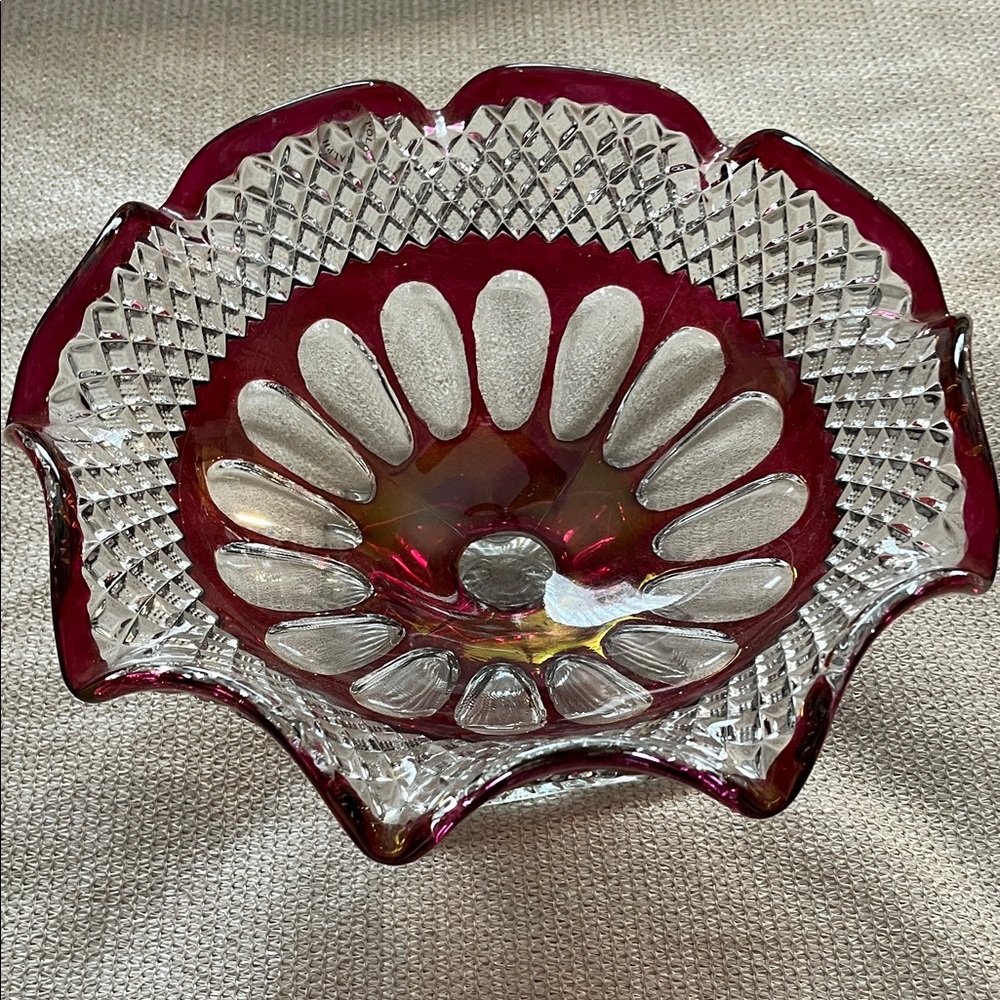 Elegant Ruby Red Glass Bowl, cut back to clear 10 1/2 inch